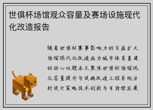 世俱杯场馆观众容量及赛场设施现代化改造报告